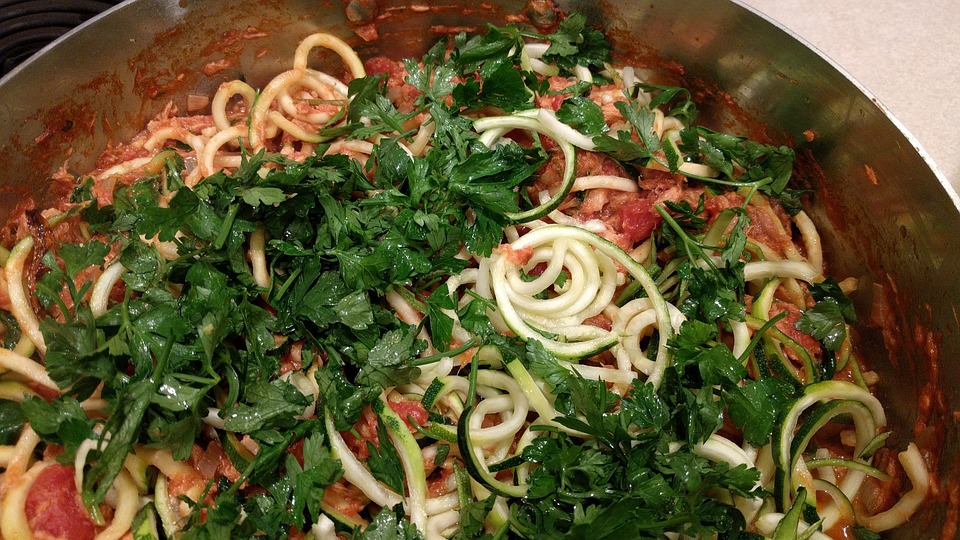 Spiral zucchini noodles in meat sauce